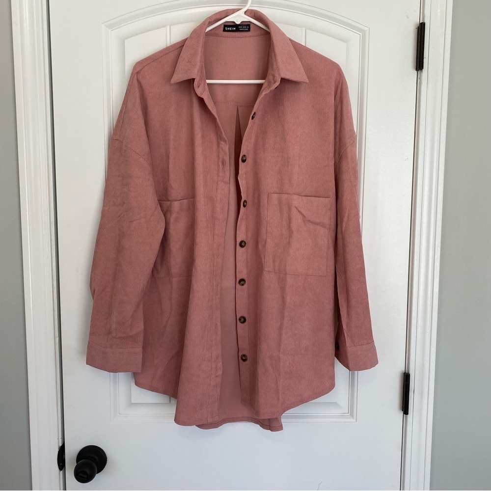 SHEIN Women’s Pink Solid Button Front Pocket Detail Corduroy Shacket Med…